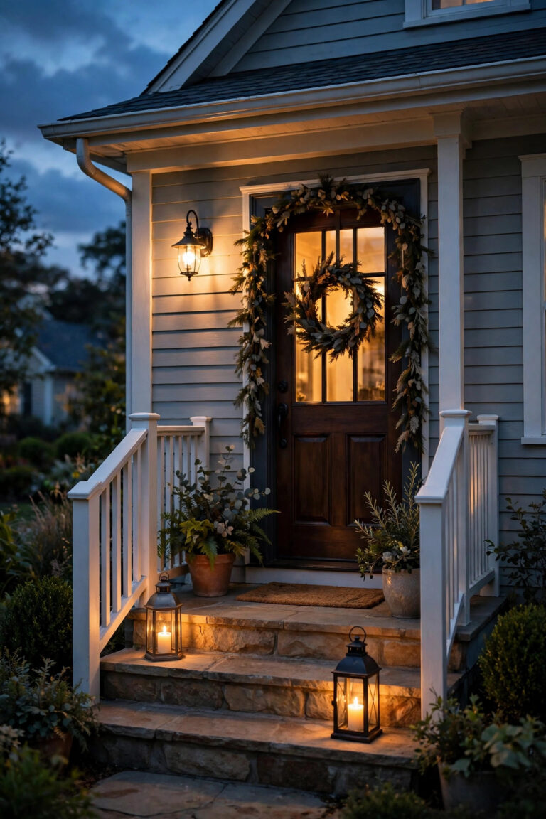 Small front porch at dusk with a warm wall sconce, lanterns on the stoop steps and a cozy glow around the front door