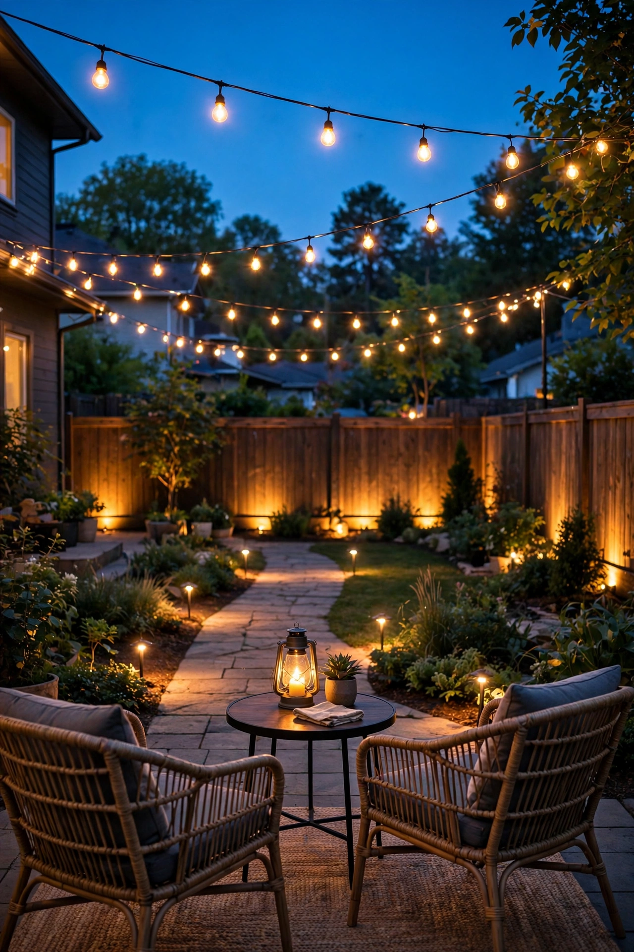 Small backyard at dusk glowing with layered string lights, uplights on fence corners, and a cozy lit patio that looks twice its size