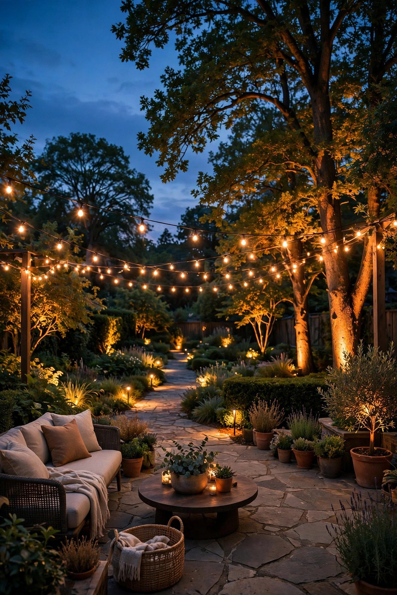 Warm smart backyard lighting glowing at dusk with string lights over a patio, lit garden path and uplit trees controlled by a phone app