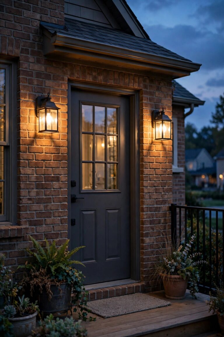 Cozy suburban front porch at dusk with warm smart bulbs glowing in existing lantern fixtures beside the front door