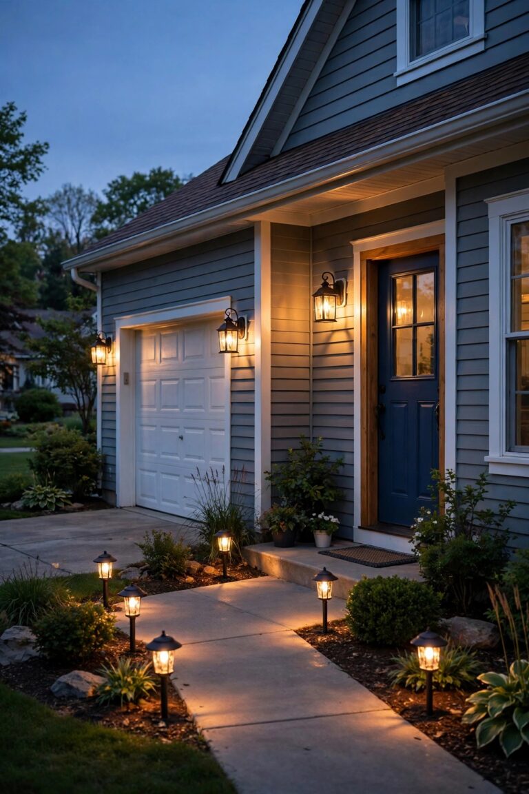 Suburban front porch at dusk with a warm lantern glowing beside the front door, matching garage lanterns and path lights lit in the same coordinated warm shade