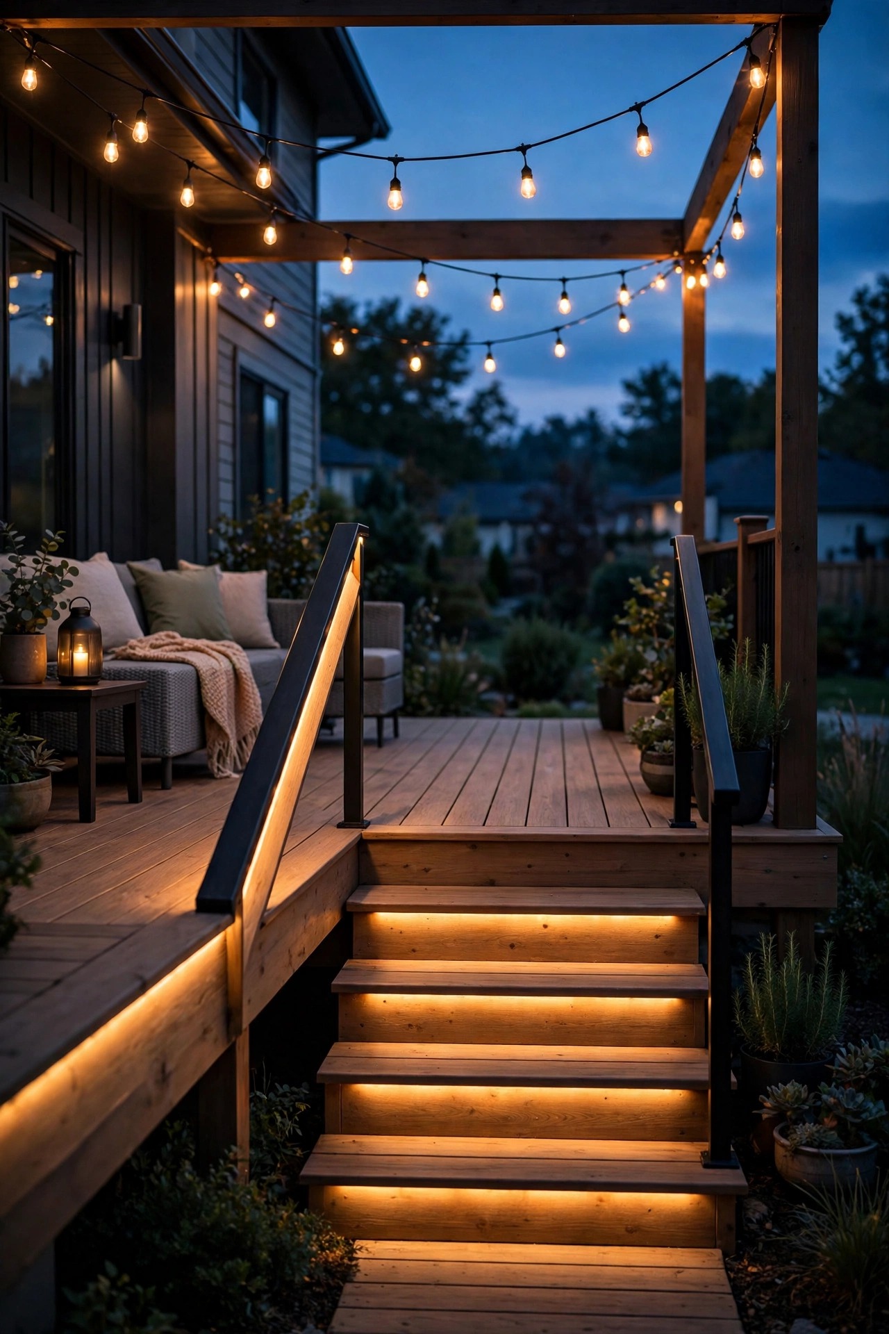 Smart deck lighting at dusk with app-controlled string lights overhead, a warm glow under the handrail and lit deck steps on a cozy suburban deck