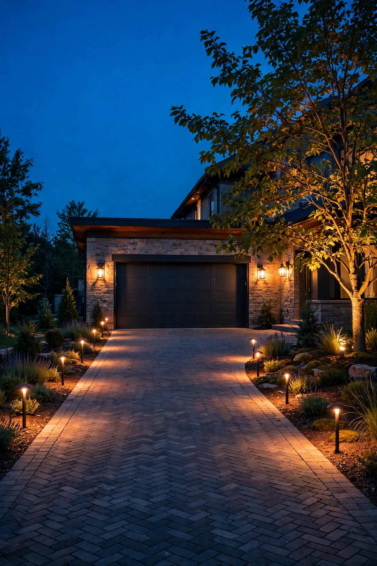 Smart driveway lighting ideas at dusk with warm path lights lining both edges, glowing garage coach lights and an uplighted tree at the entrance