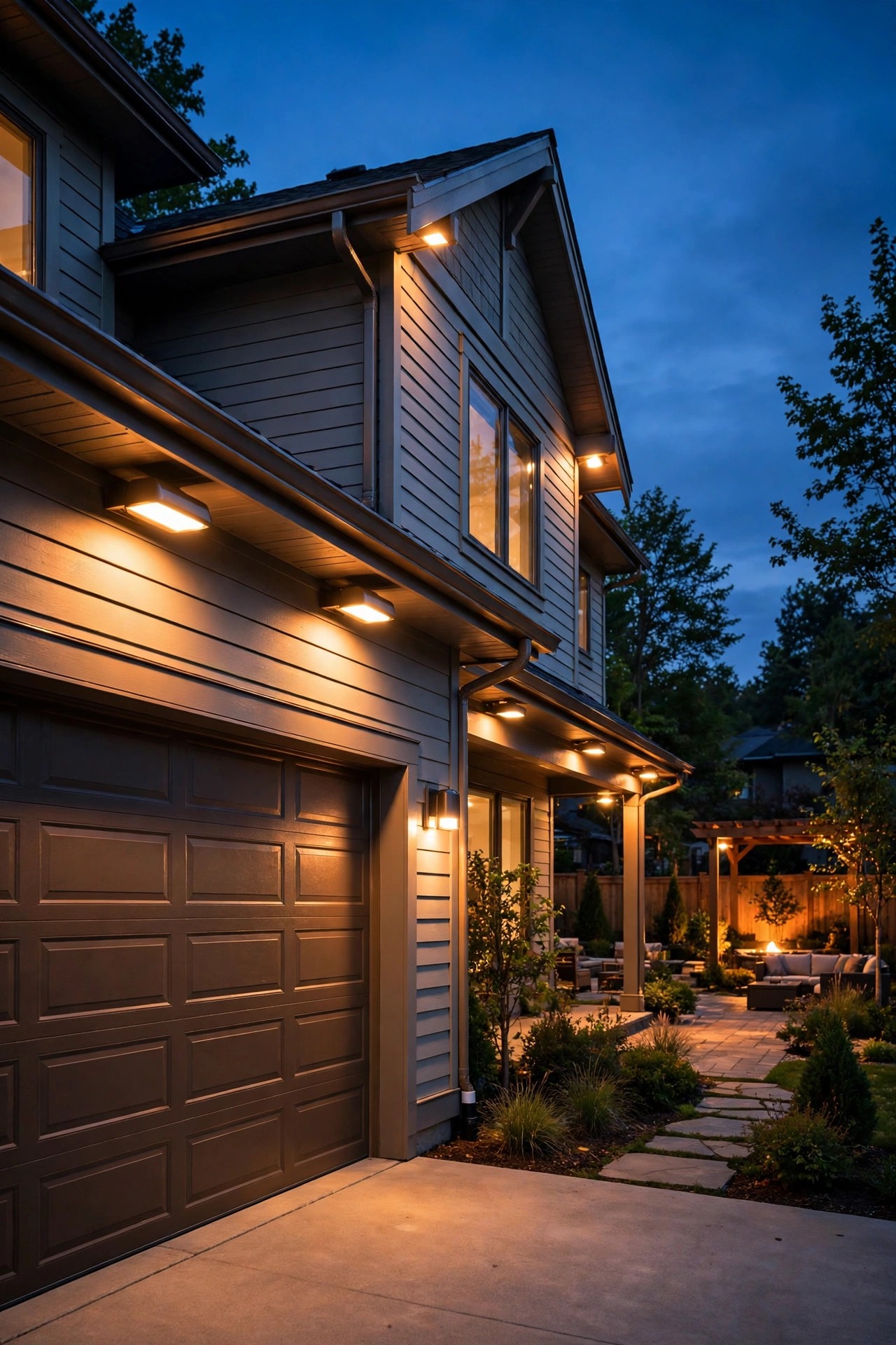 suburban home at dusk with warm smart flood lights glowing softly over the garage and backyard, architectural bronze fixtures blending with the trim, smart flood light ideas