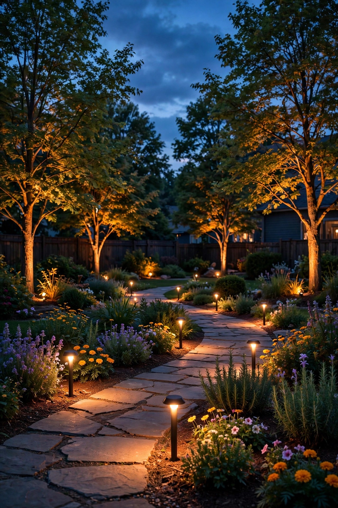 Smart garden lighting glowing automatically at dusk with lit paths, uplit trees and warm beds in a suburban backyard