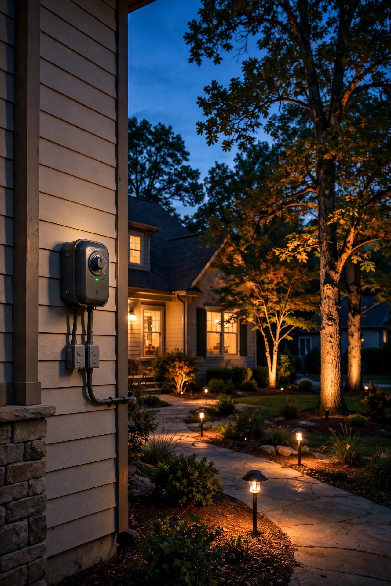 Smart landscape lighting transformer mounted beside a warmly lit American suburban home at dusk with glowing path lights and uplighted trees