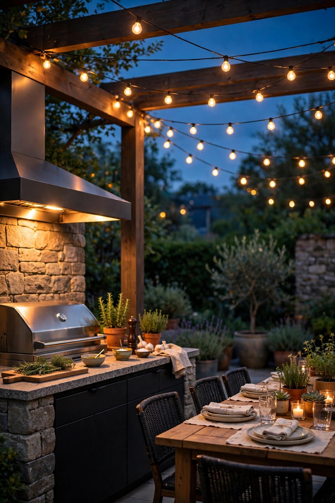 Smart outdoor kitchen lighting at dusk, bright task light over a grill and prep counter with warm string lights glowing softly above the dining area