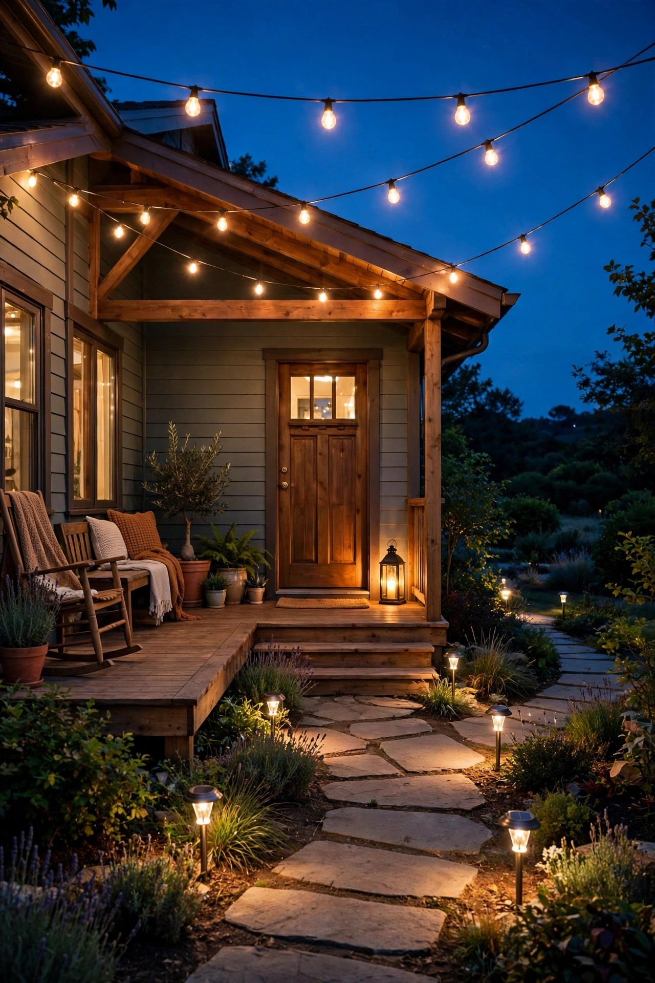 Cozy rental porch at dusk with warm string lights, solar path lights and a glowing lantern, no wiring in sight