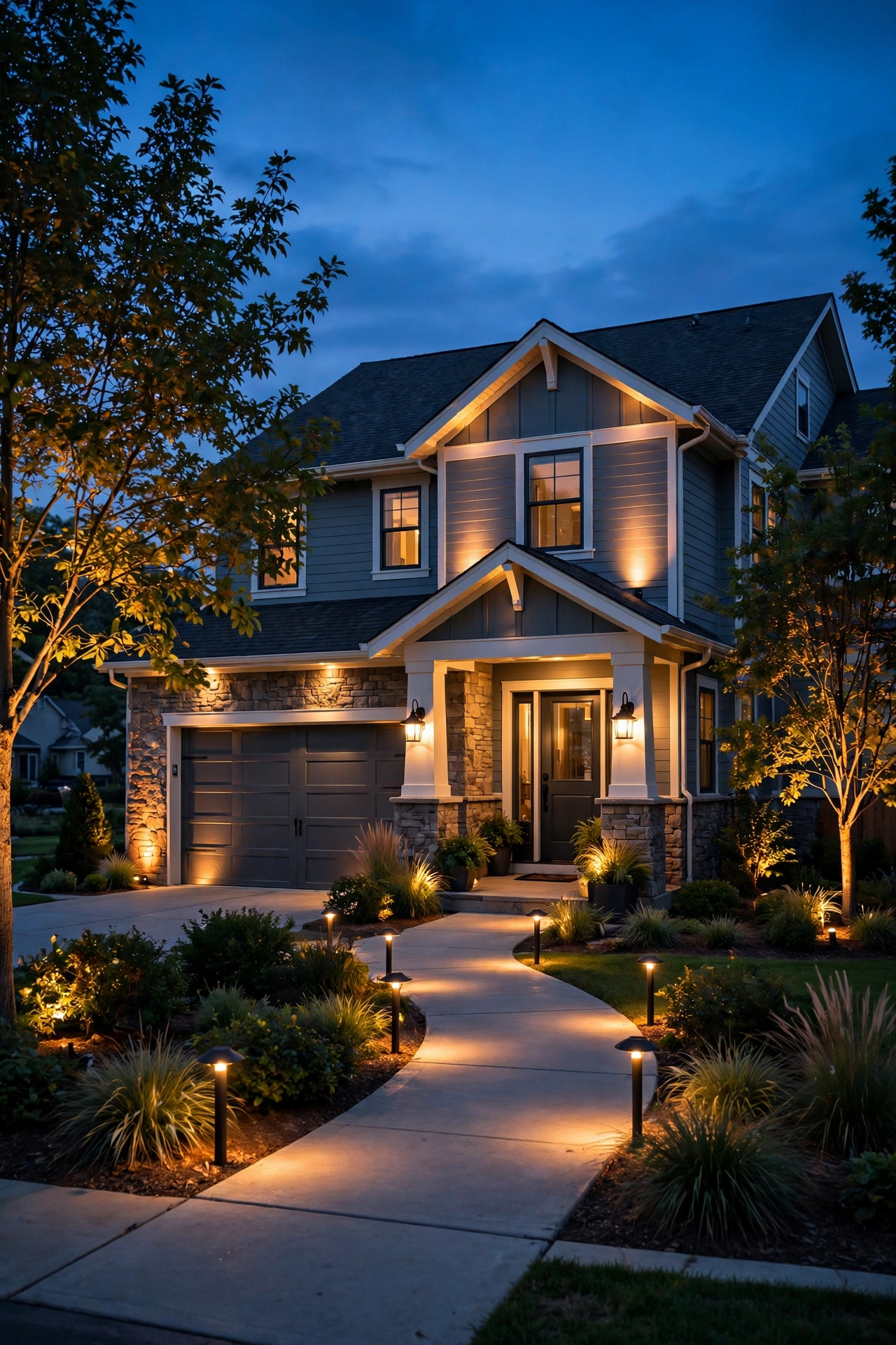 Suburban home at dusk with smart outdoor lighting zones glowing warm — path lights, uplights, and porch sconces all controlled by phone app