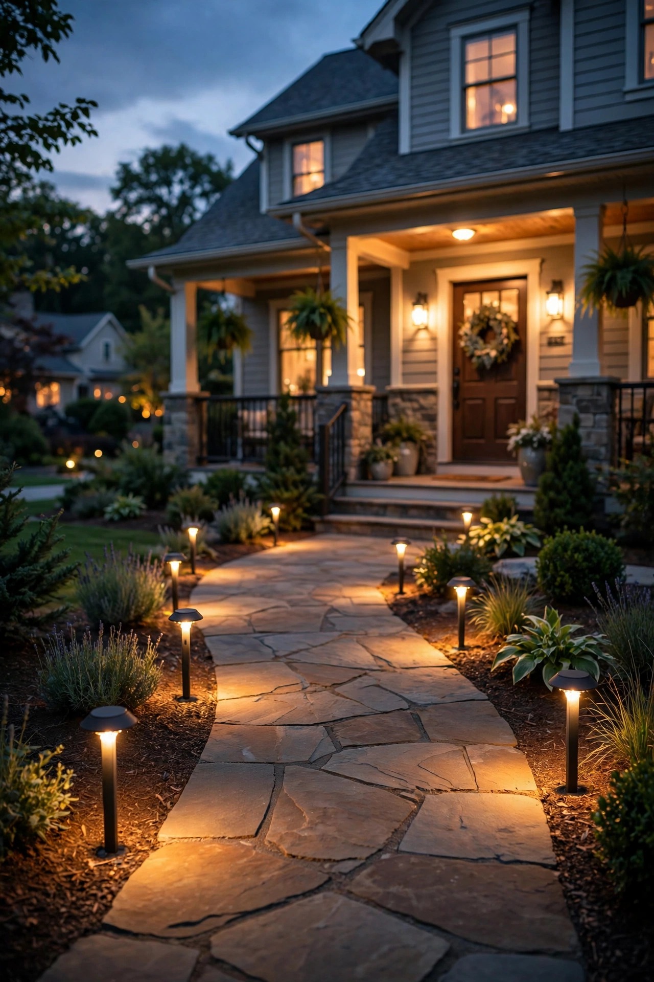 Front walkway at dusk lined with warm smart path lights glowing automatically, cozy suburban home with lit porch in the background
