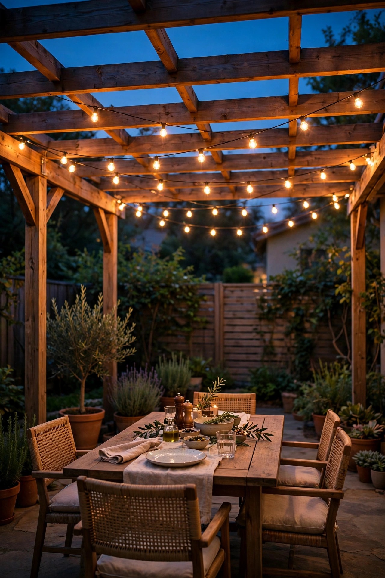 Smart string lights glowing warm over a backyard patio at dusk with a dining table and pergola below