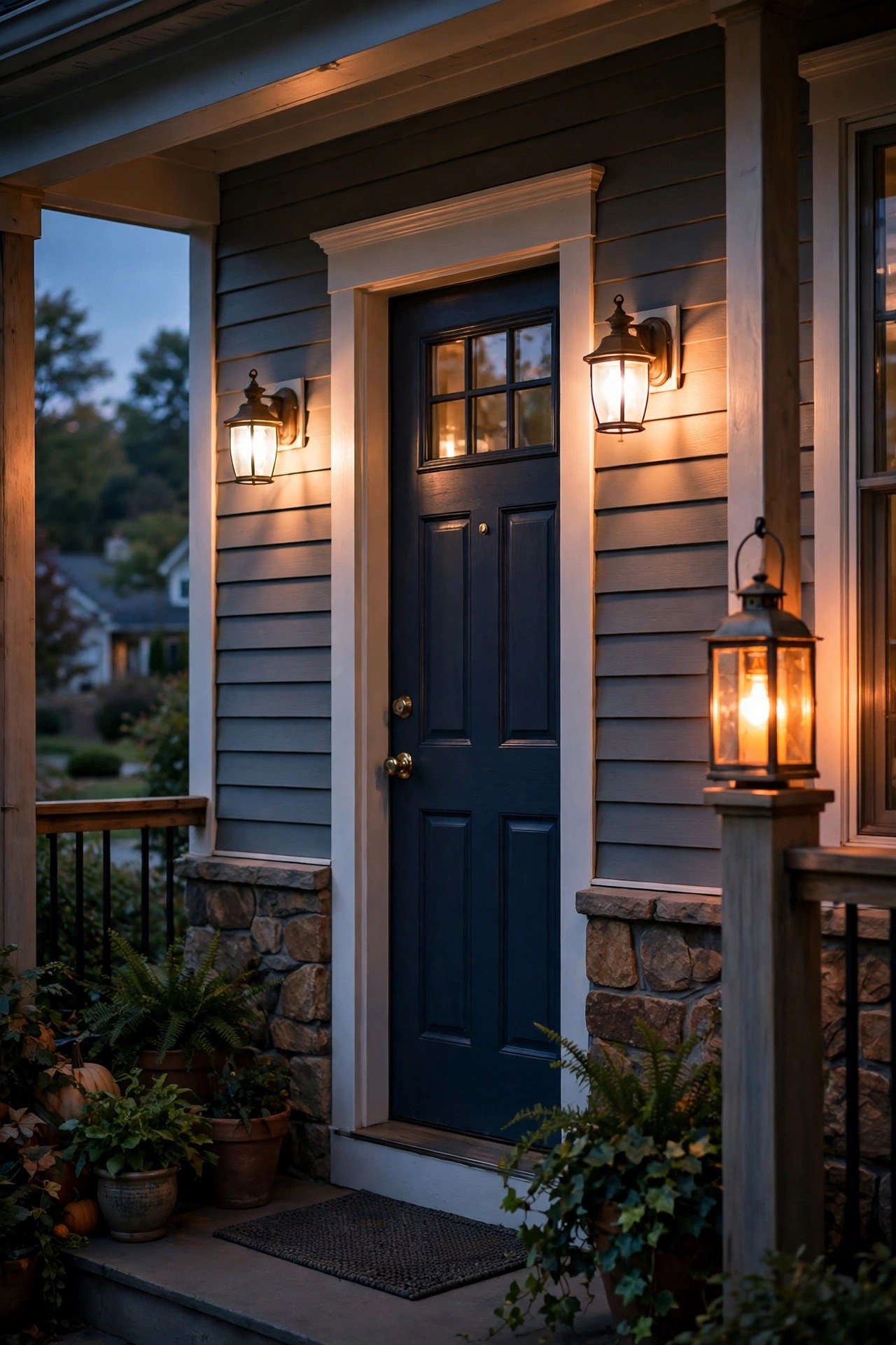 Front porch at dusk with warm sconces on a smart switch and a color smart bulb glowing in a lantern, smart switch vs smart bulb outdoors comparison