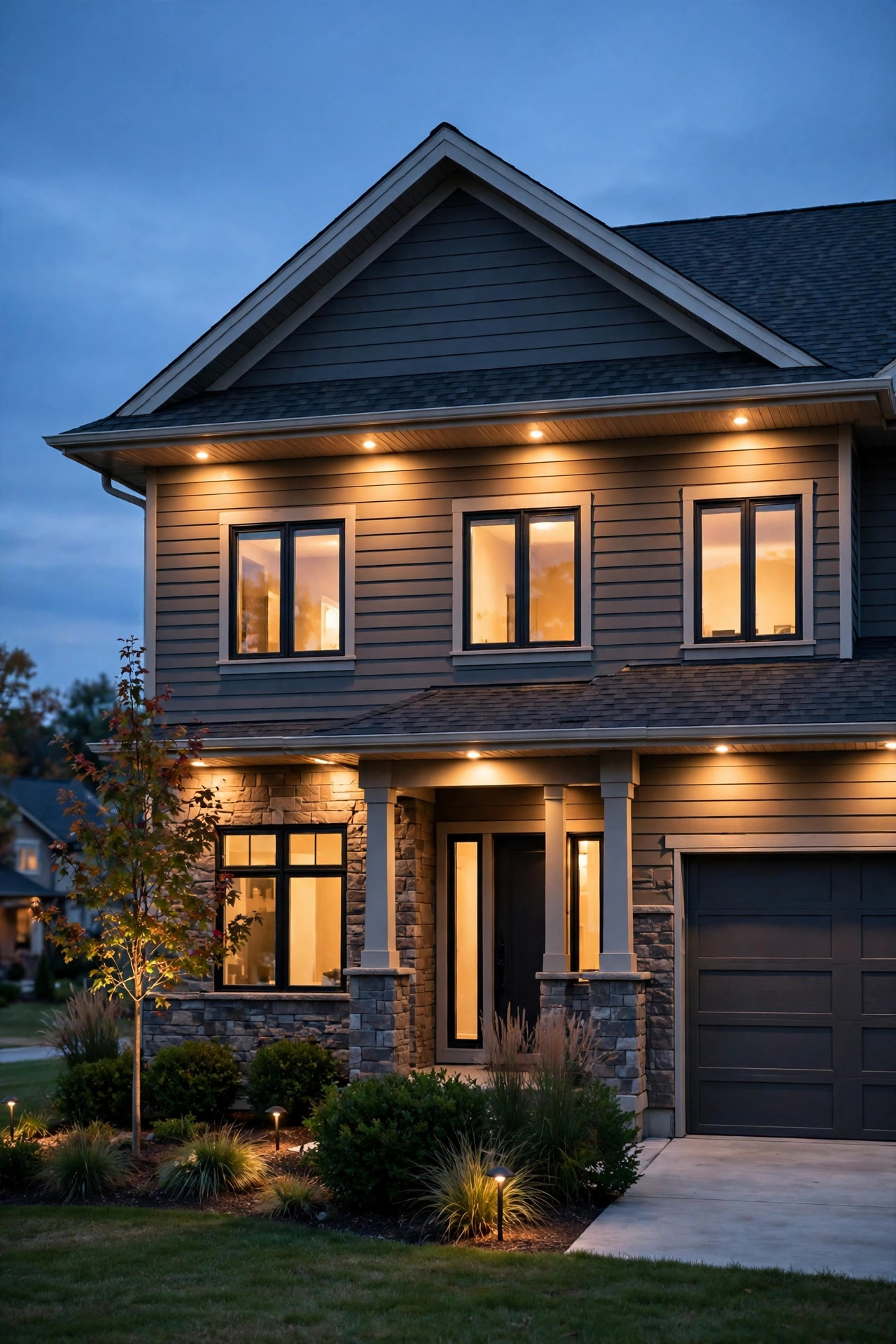 American suburban home at dusk with warm recessed soffit downlights washing evenly down the front facade