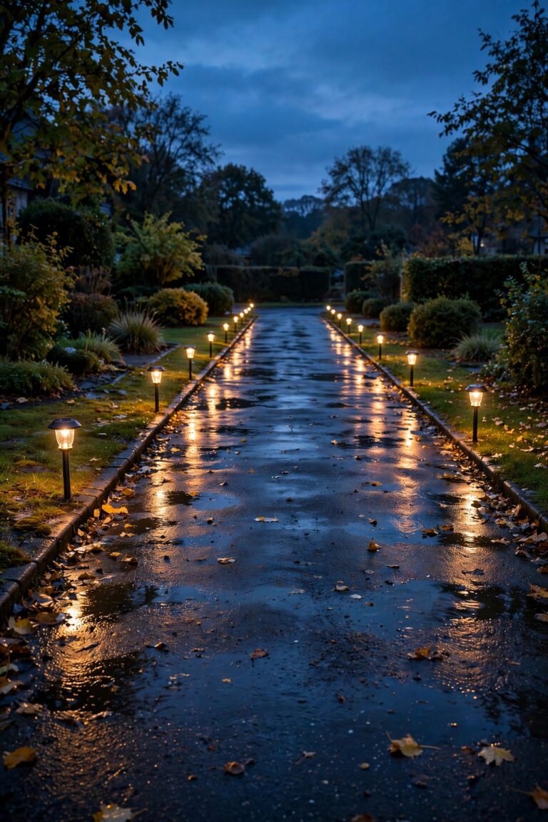Solar driveway lights glowing warm along both edges of a suburban driveway at dusk after rain, with soft reflections on wet pavement