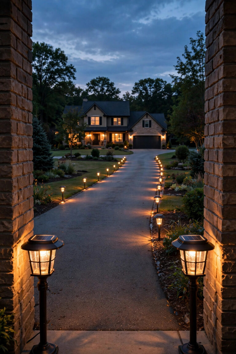 Long suburban driveway at dusk lined with warm glowing solar marker lights and two classic solar post lights at the entrance