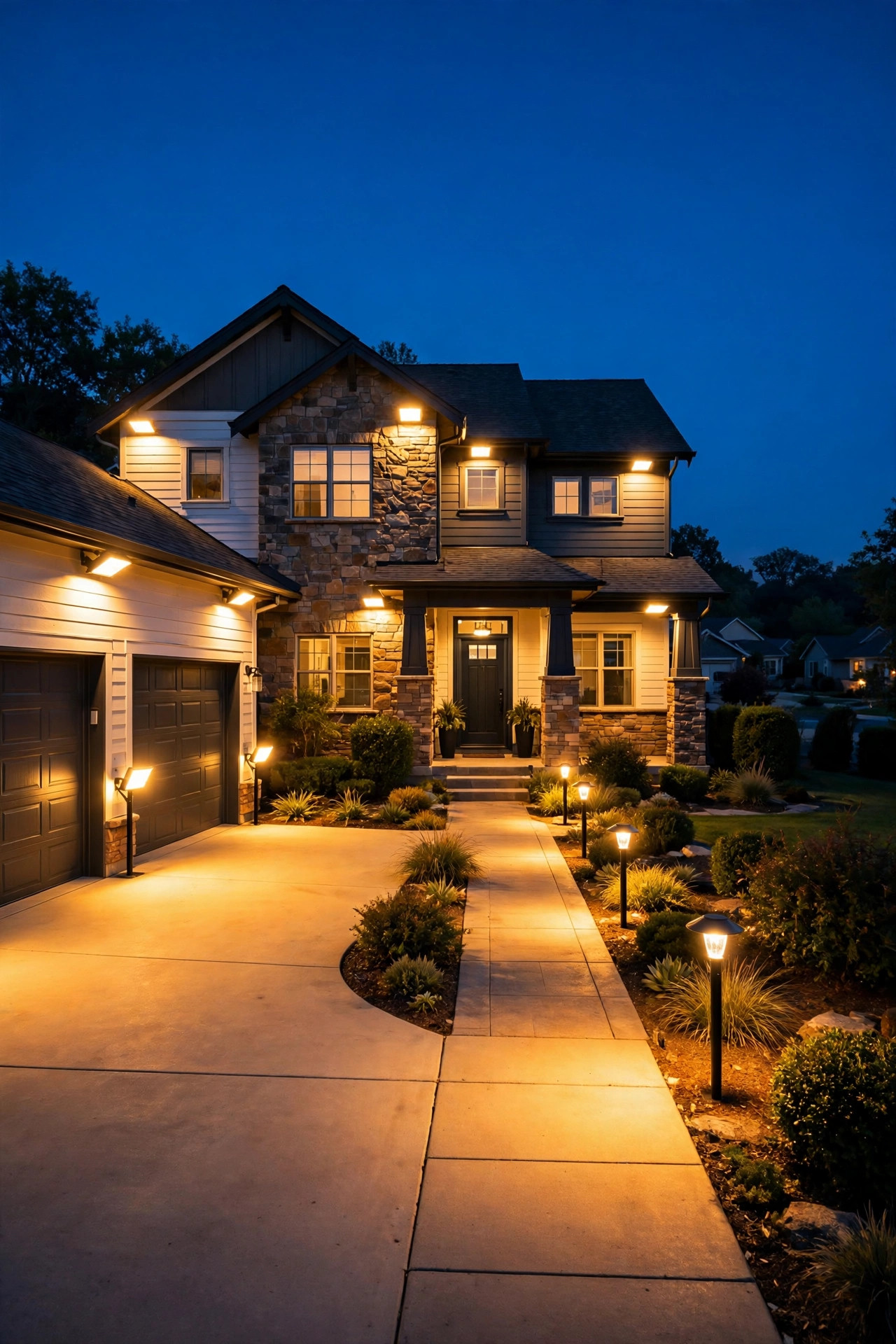 Suburban home at dusk with warm solar flood lights washing the driveway, front walk and facade