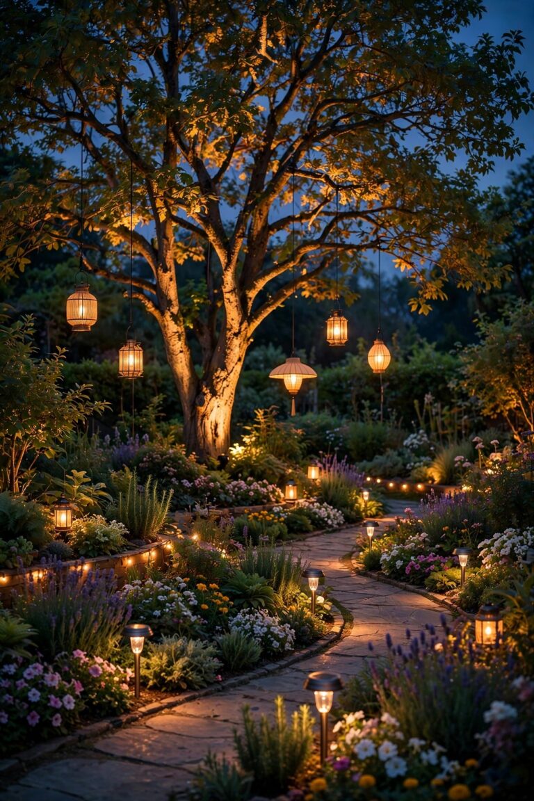 Layered solar garden lighting at dusk with spotlights uplighting a tree, hanging lanterns and warm path lights winding through flower beds