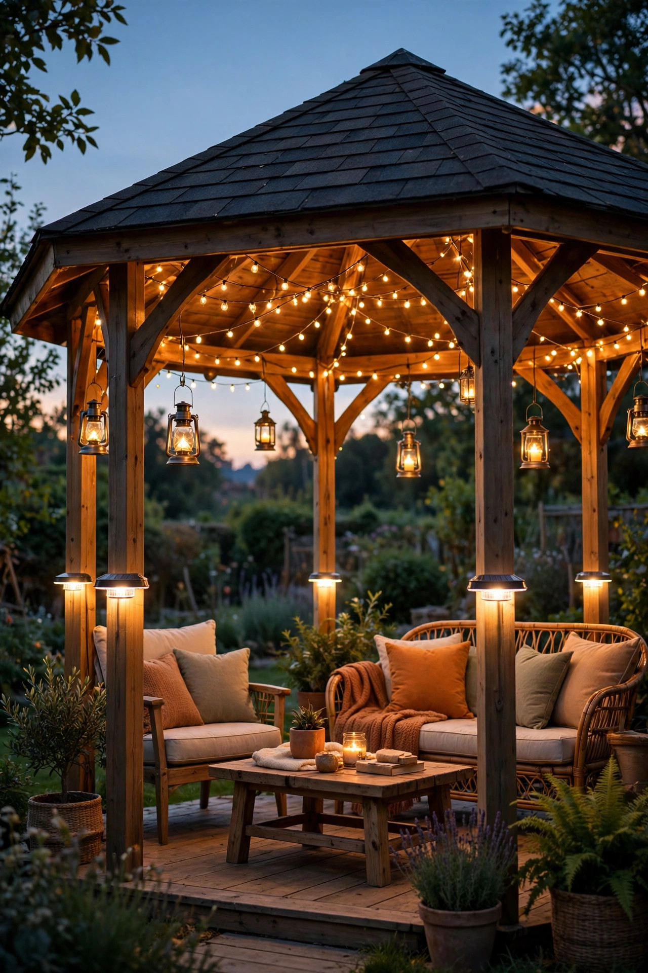 Gazebo at dusk glowing with warm solar string lights, lanterns and post cap lights, cozy seating underneath and no extension cords in sight