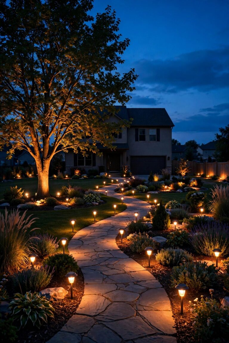 Whole suburban yard at dusk lit entirely by warm solar landscape lighting, glowing path lights along the walkway, uplights on a tree and soft accent lights in the garden beds