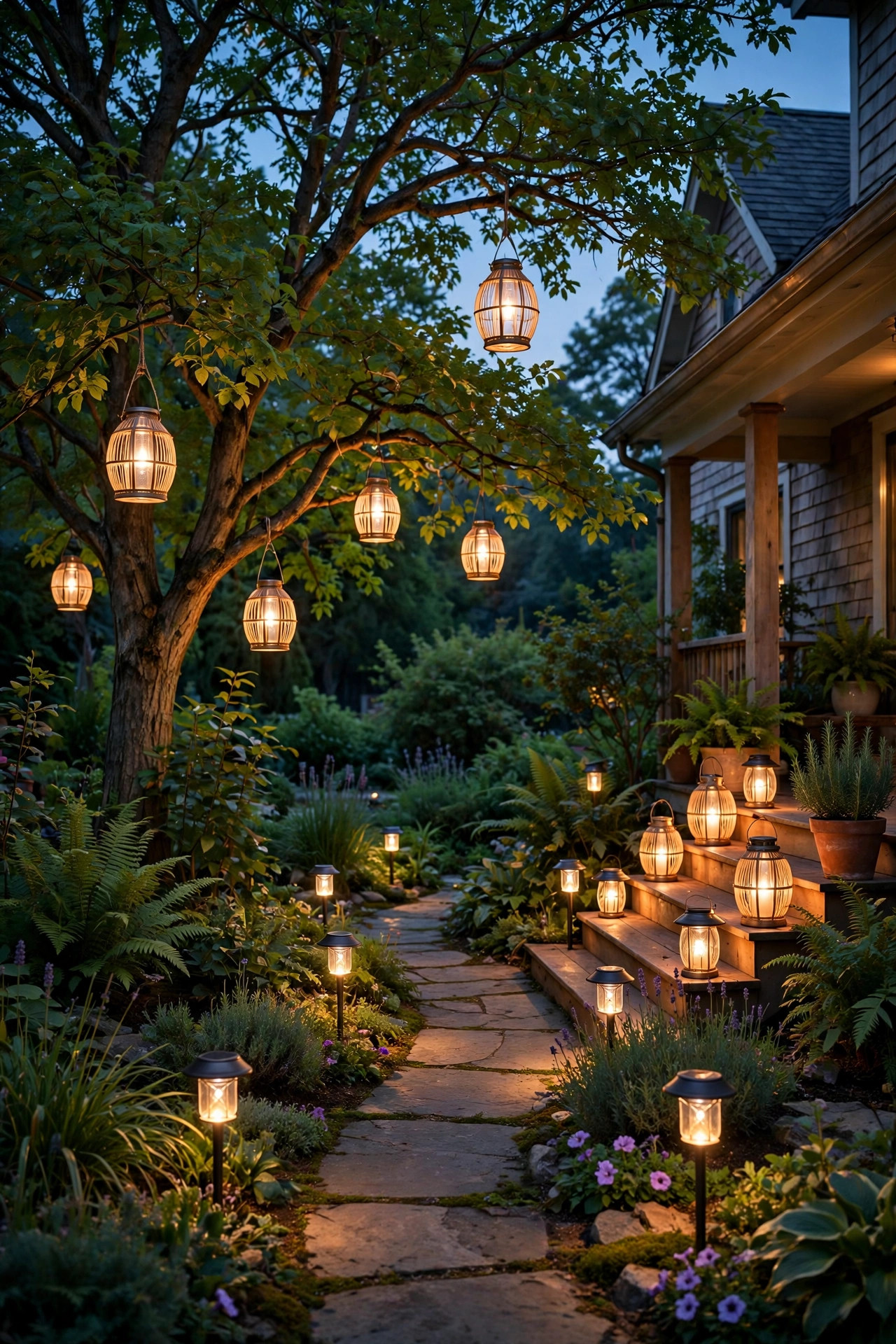 Garden at dusk filled with glowing solar lanterns hanging from a tree, staked along a path, and grouped on porch steps
