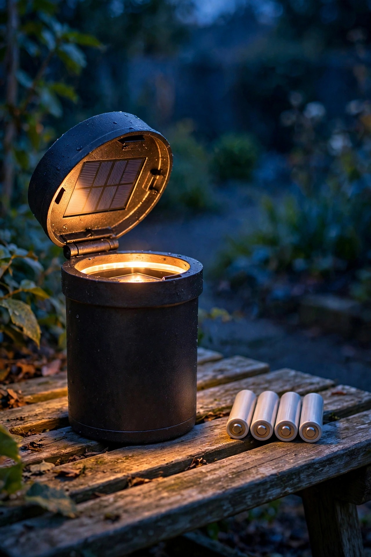 Solar path light glowing at dusk with its top opened, a row of rechargeable AA batteries resting beside it on a garden bench
