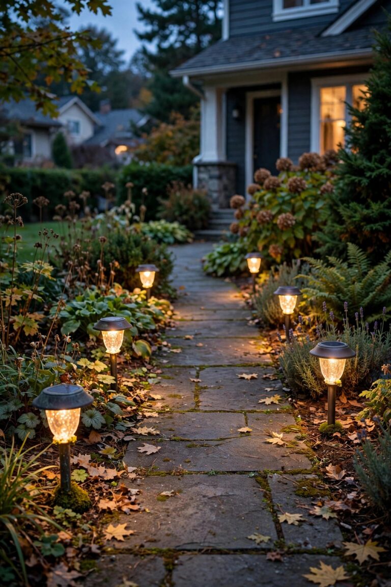 Solar path lights glowing warmly along a suburban front walkway at dusk, five years of evenings in one cozy scene