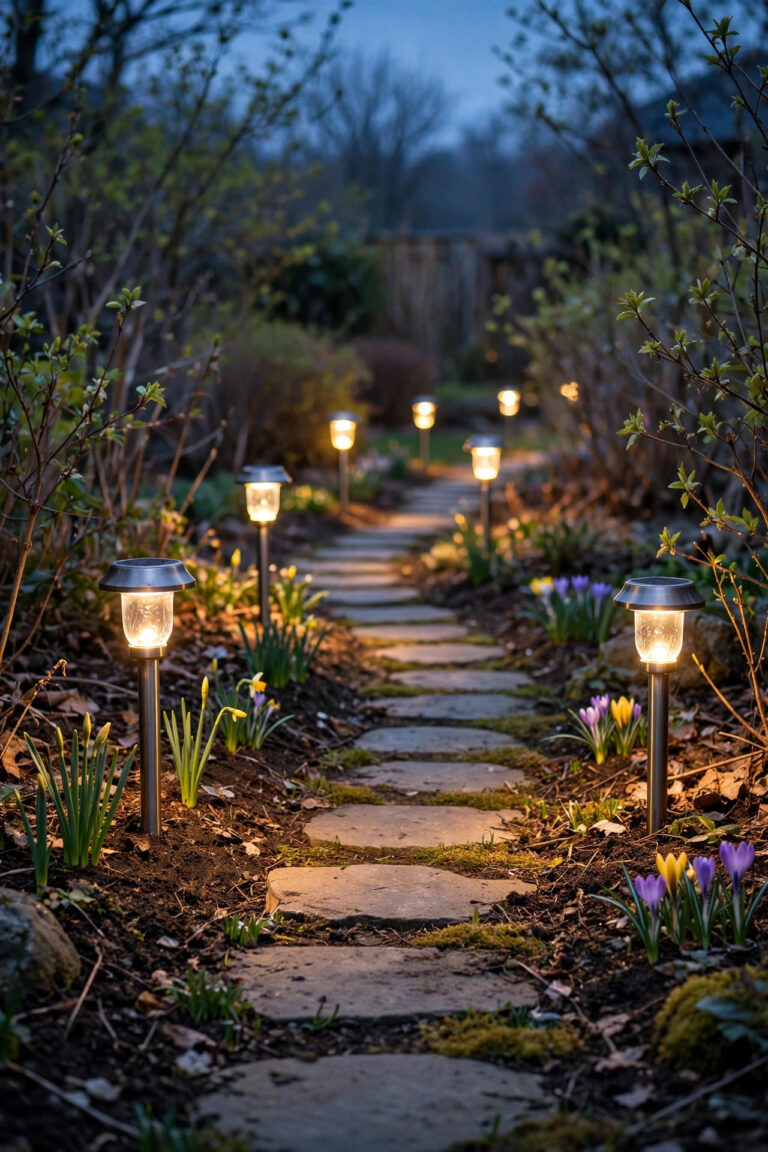 Row of solar path lights glowing warmly along a garden walkway at dusk in early spring after being revived