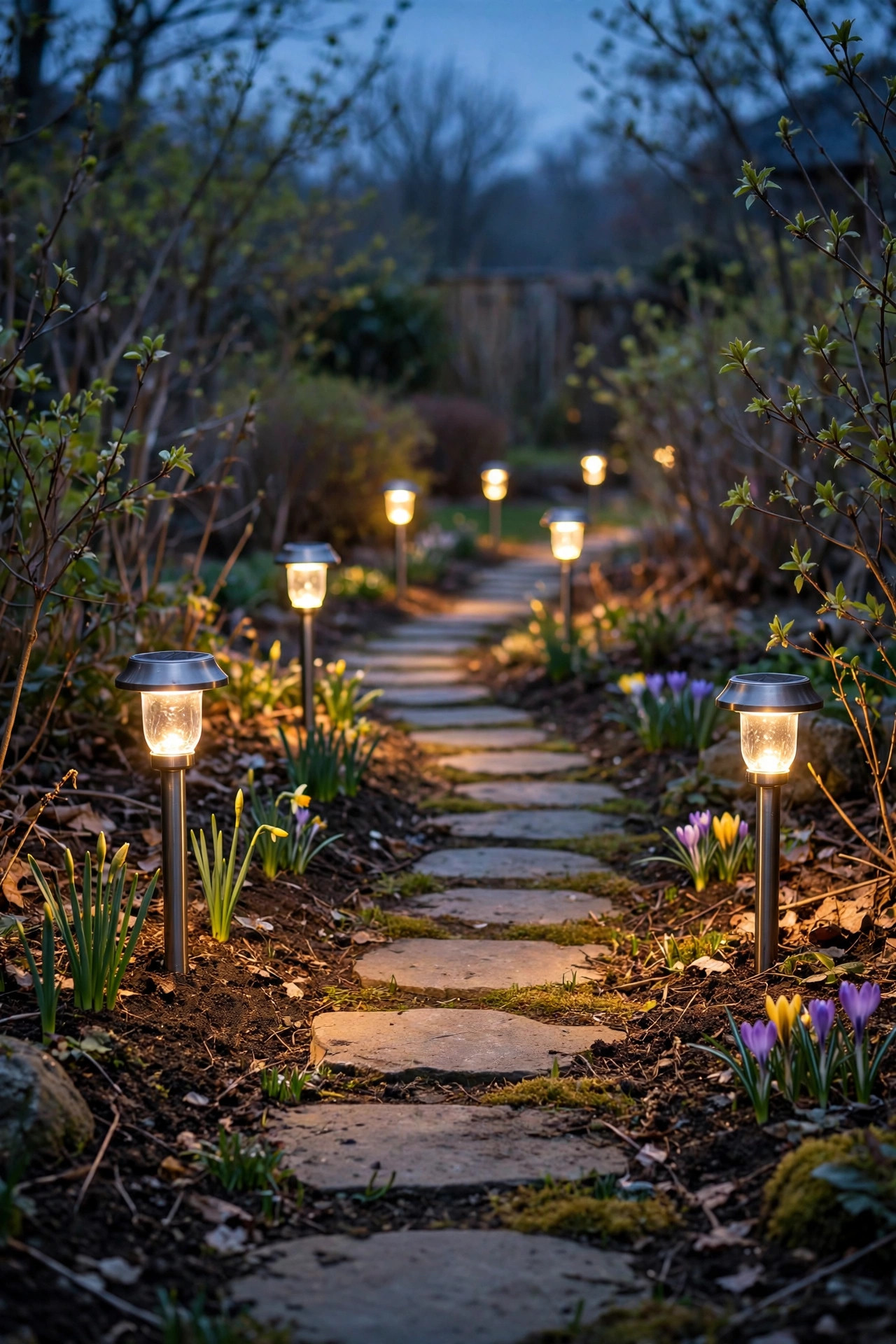 Row of solar path lights glowing warmly along a garden walkway at dusk in early spring after being revived