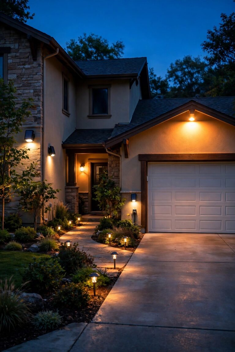 Front yard and driveway at dusk lit by solar motion sensor lights, a warm floodlight glowing over the garage and soft path lights along the walkway of a suburban home