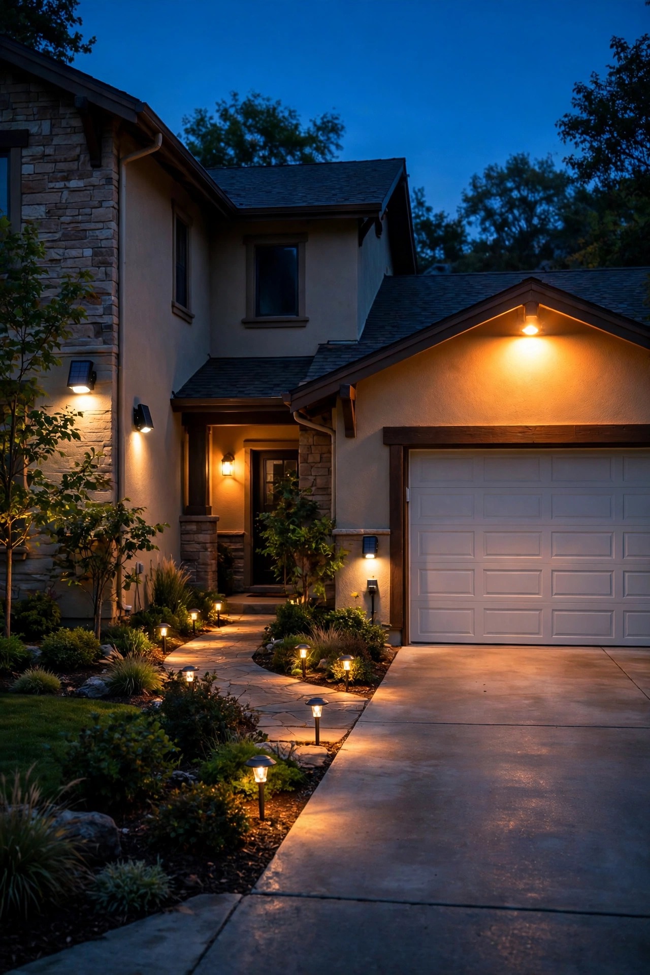 Front yard and driveway at dusk lit by solar motion sensor lights, a warm floodlight glowing over the garage and soft path lights along the walkway of a suburban home