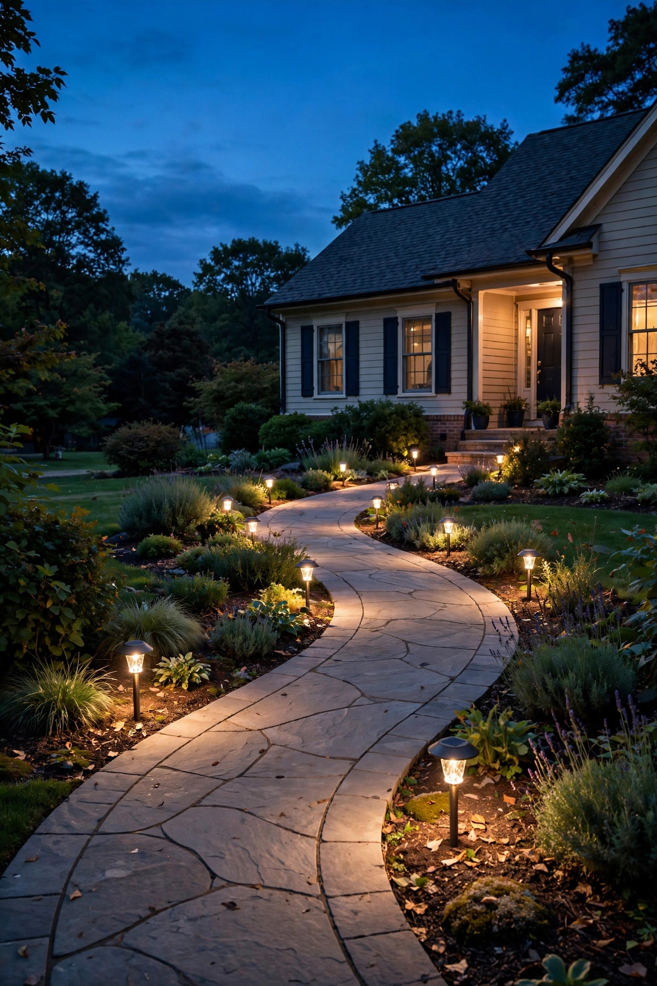 Solar path lights glowing along a curved front walkway at dusk with warm light on garden beds