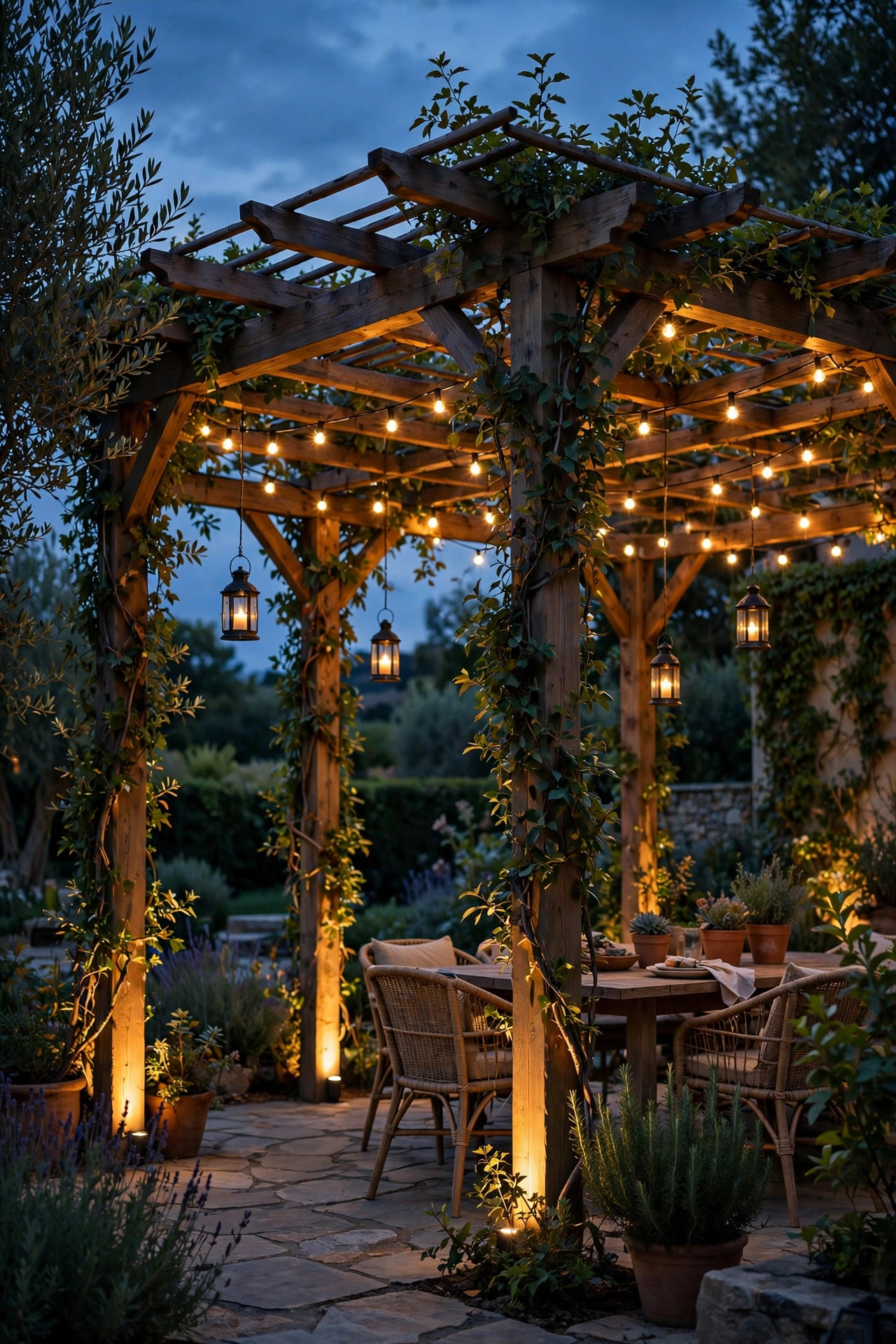 Pergola at dusk glowing with solar string lights, hanging lanterns and warm uplights, no wiring in sight