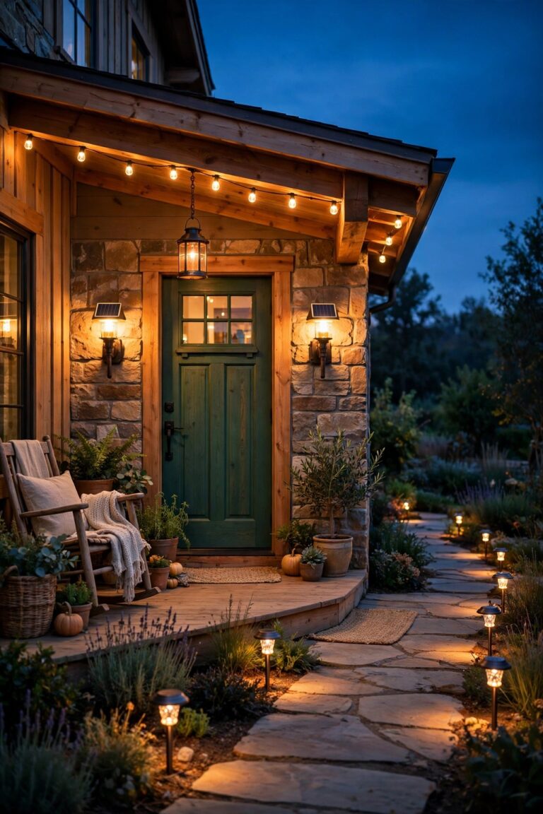 Welcoming front porch at dusk lit by warm solar porch lights, a pair of glowing solar sconces beside the door, solar path lights along the walk and a hanging solar lantern