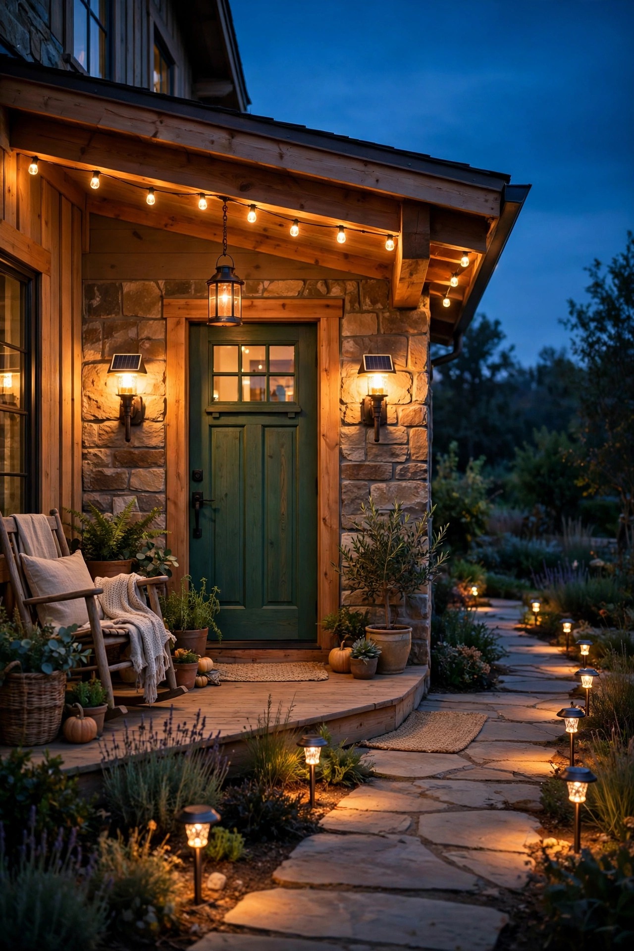 Welcoming front porch at dusk lit by warm solar porch lights, a pair of glowing solar sconces beside the door, solar path lights along the walk and a hanging solar lantern
