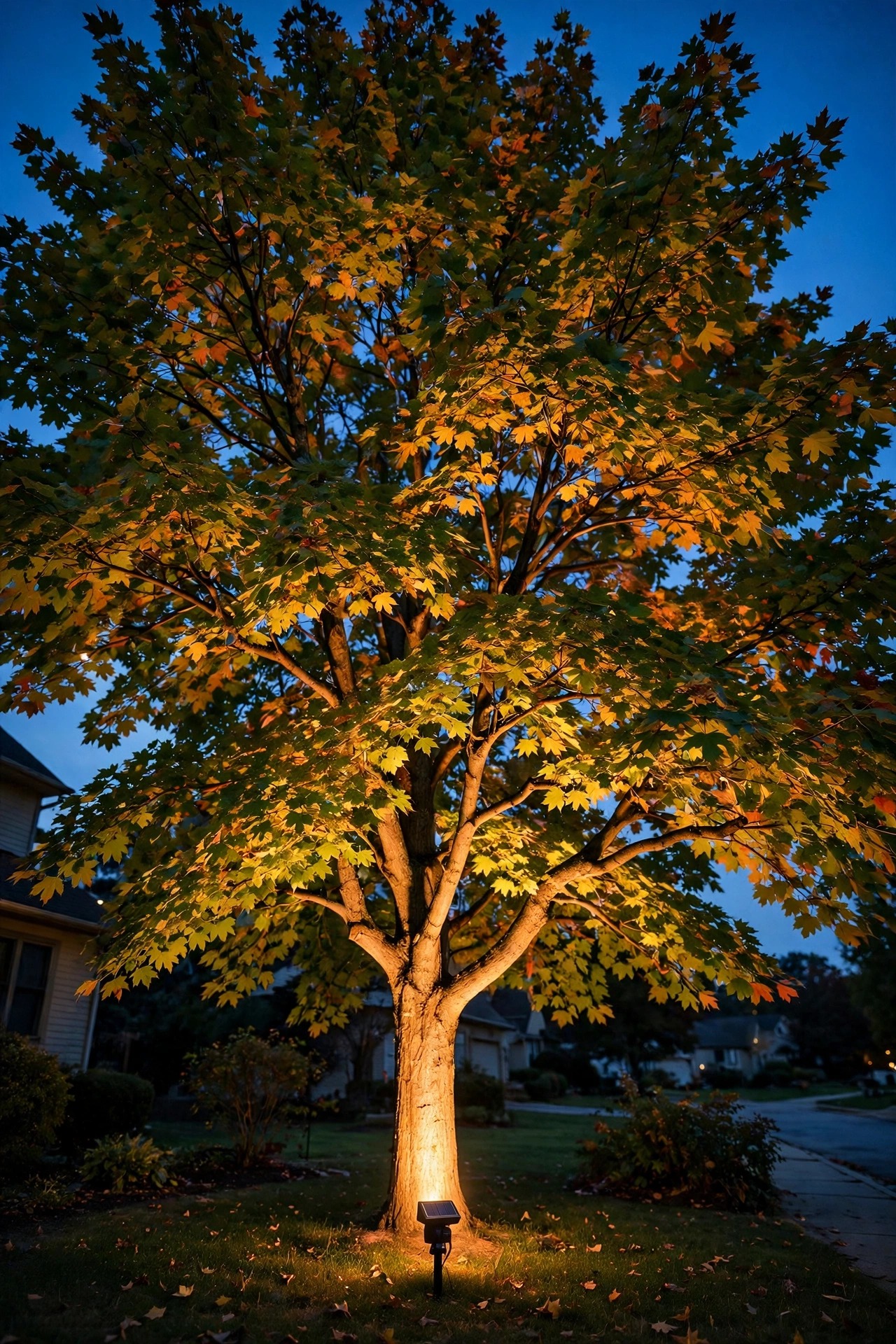 Mature maple tree dramatically uplit at dusk by a warm solar spotlight, glowing canopy against a deep blue evening sky in a suburban front yard