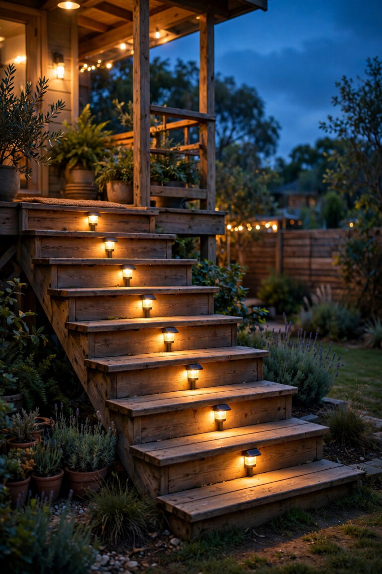 Wooden deck stairs at dusk with warm solar step lights glowing on every riser, leading up to a softly lit porch
