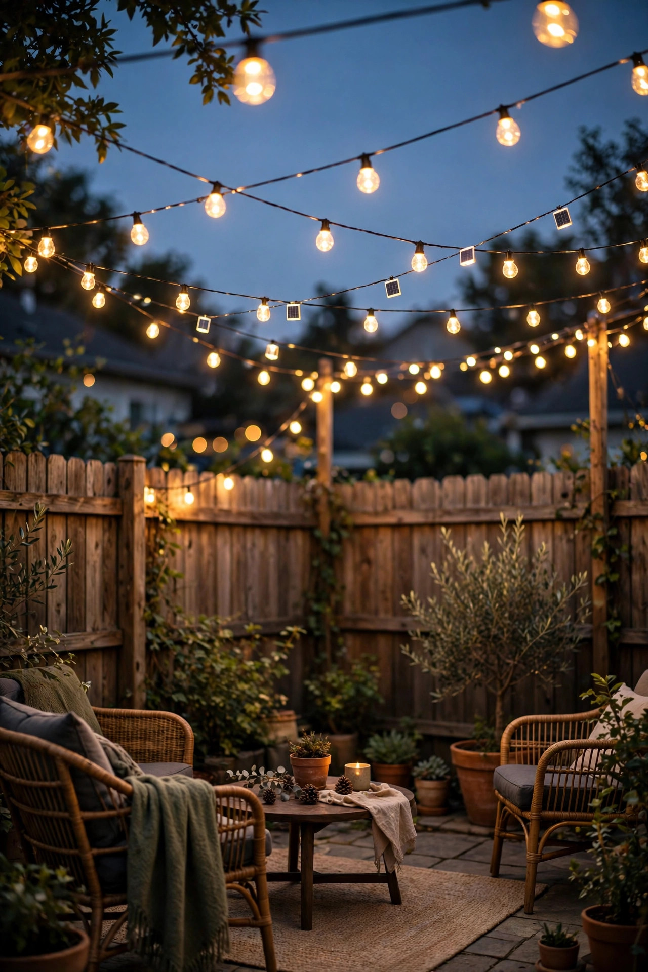 Warm solar string lights outdoor glowing over a cozy backyard patio at dusk with string lights crisscrossed overhead