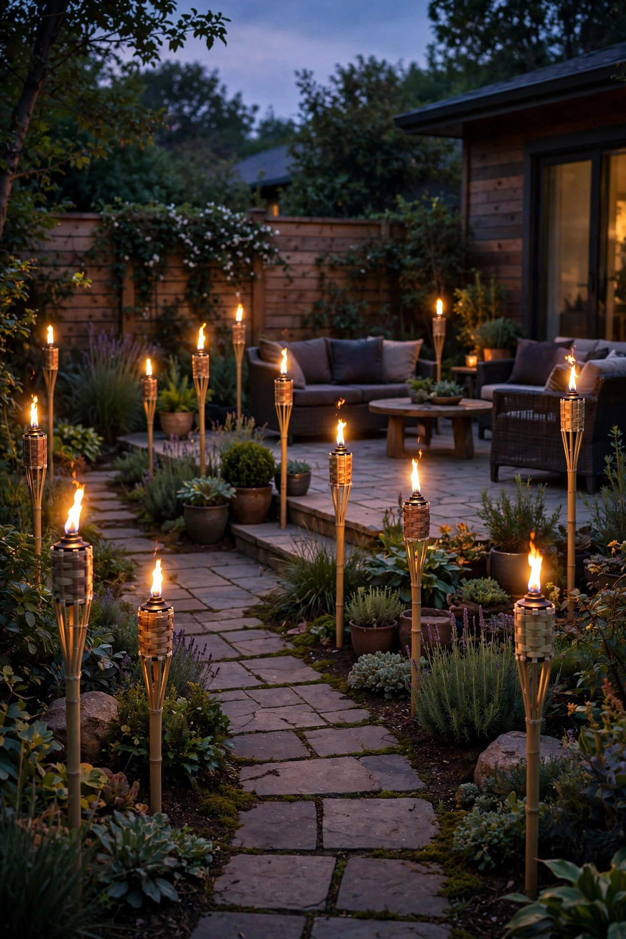 Backyard at dusk glowing with solar tiki torch lights flickering along a garden path and around a patio
