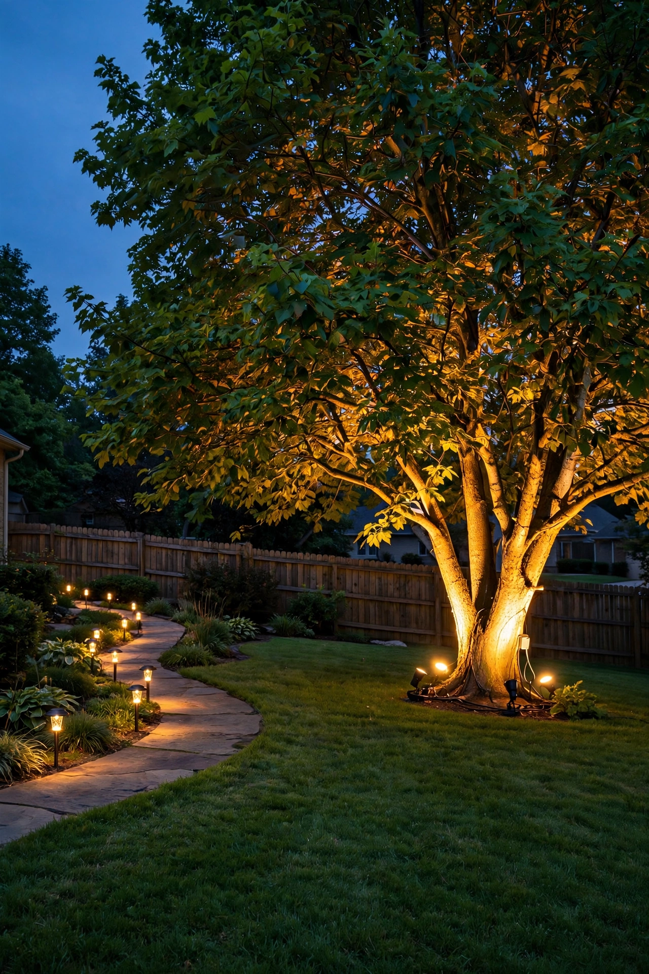 Suburban backyard at dusk with a row of glowing solar stake lights along a path and bright wired uplights washing a tree — solar vs wired landscape lighting compared