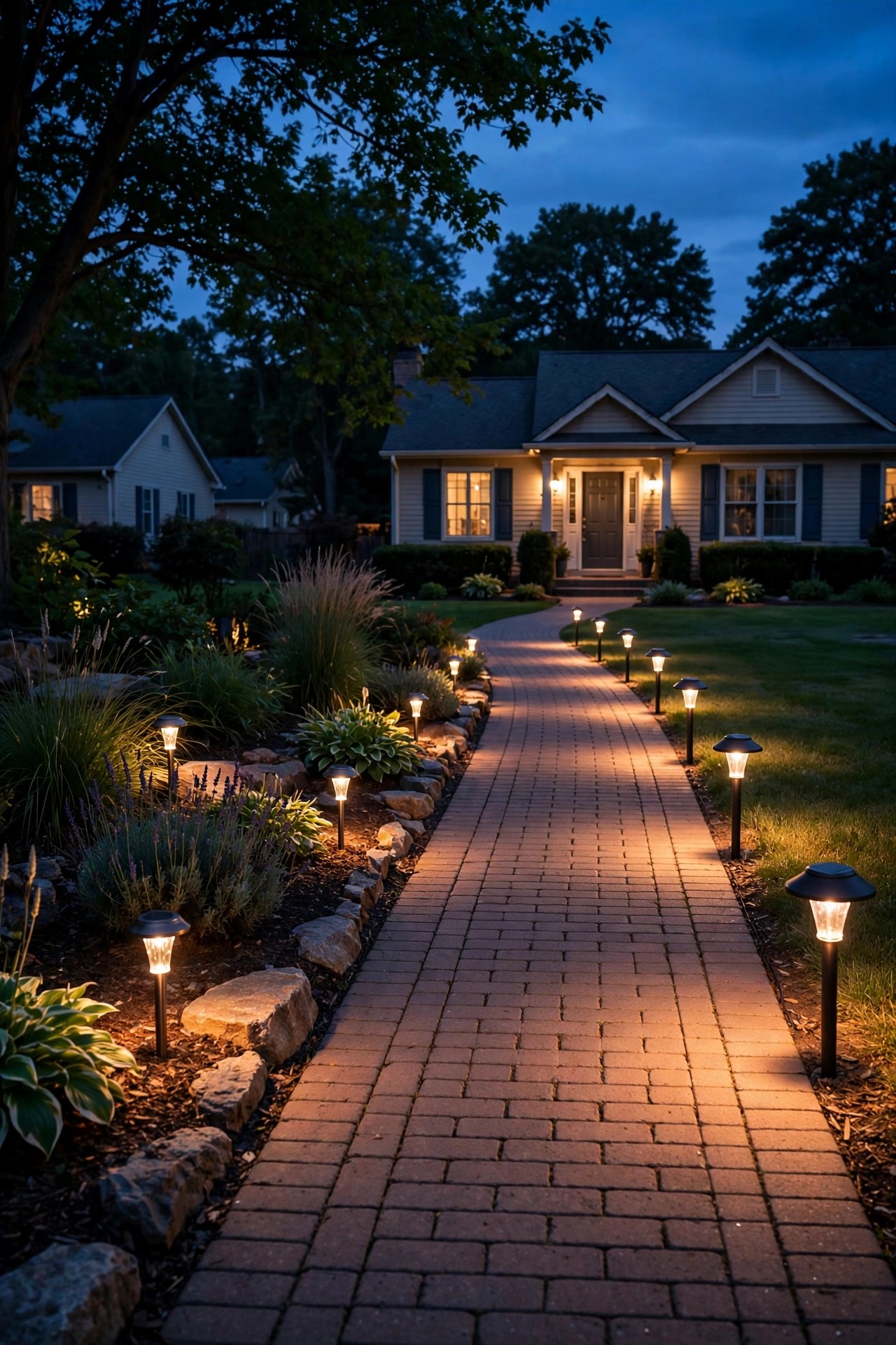 Suburban front walkway at dusk split between two looks, solar stake lights glowing along one garden edge and low-voltage wired path lights washing the main walk in even warm light
