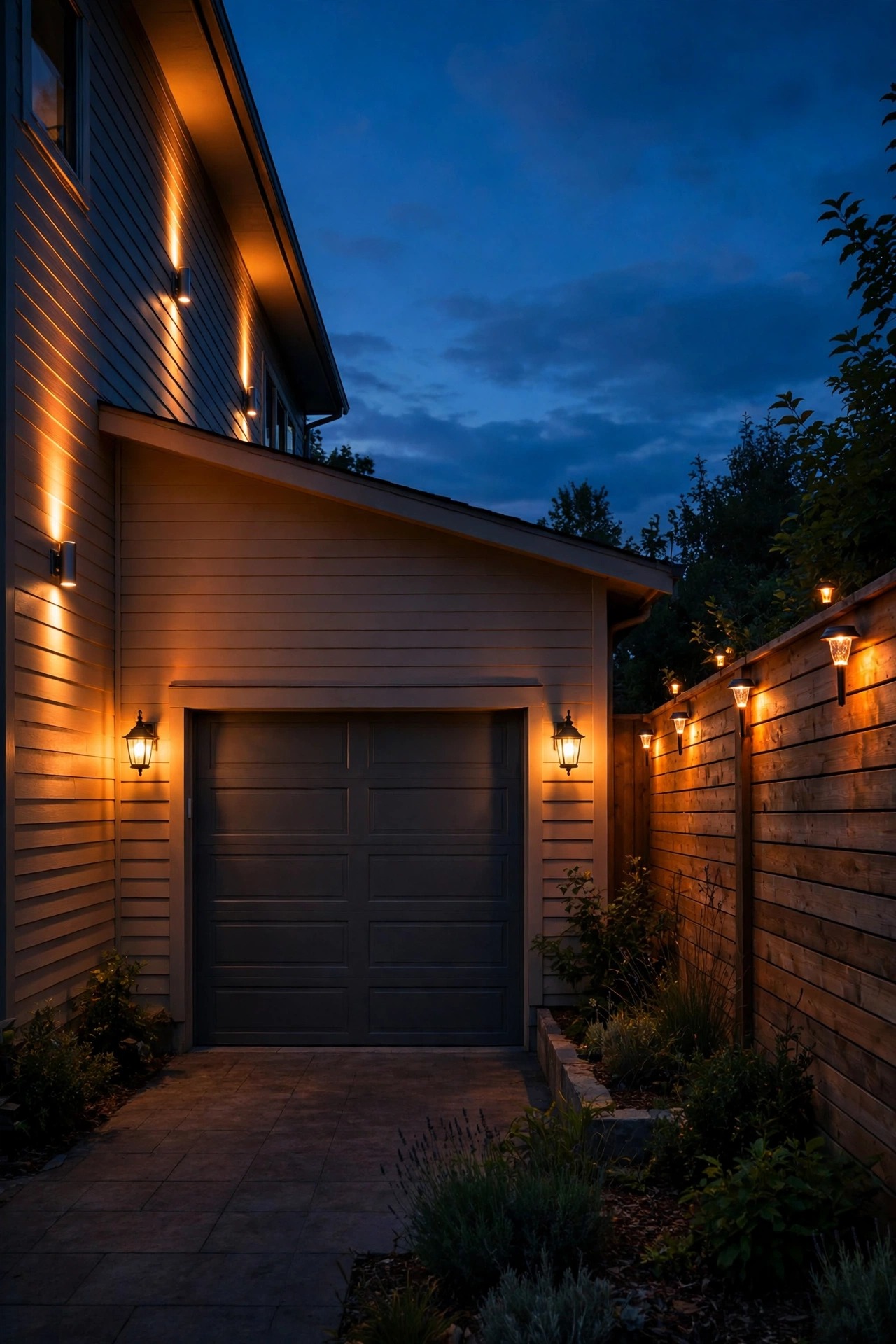 Solar wall lights glowing at dusk on a home exterior, lantern sconces flanking a garage door, washers along a wooden fence and up-down lights washing the siding