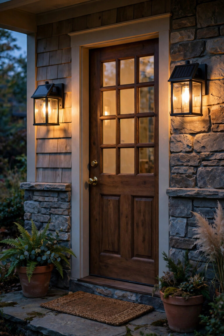 Pair of warm glowing solar wall sconces flanking a front door on a cozy porch at dusk, no wiring