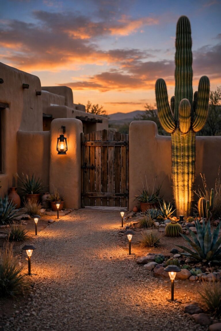 Southwestern adobe front yard at dusk with warm lantern light at the courtyard gate, glowing path lights along a gravel walk and an uplit saguaro against an orange twilight sky