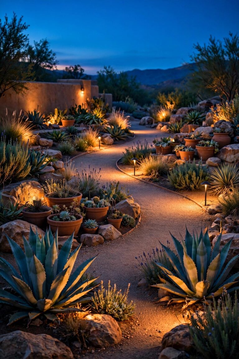 Southwestern garden at dusk with warm layered lighting glowing on agave plants, boulders, terra-cotta pots and a curved gravel path through drought-smart beds