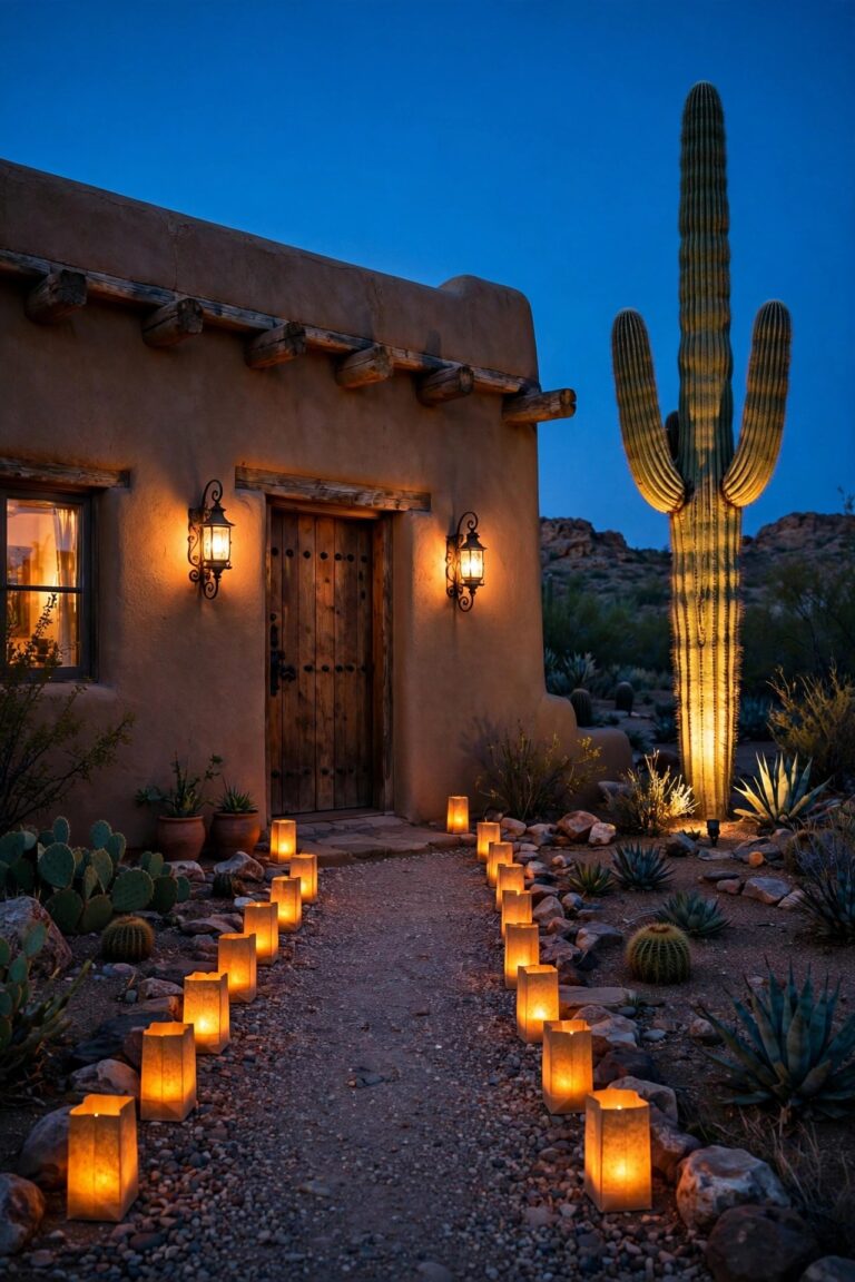 Southwestern adobe home at dusk with warm farolitos along a gravel path, iron sconces by the door, and an uplit saguaro in the yard