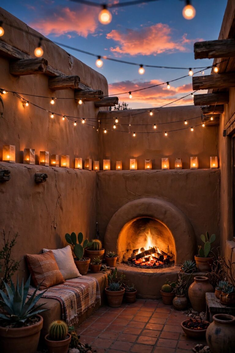 Southwestern patio at sunset with adobe walls, farolito lanterns, string lights and a glowing kiva fireplace under a coral evening sky