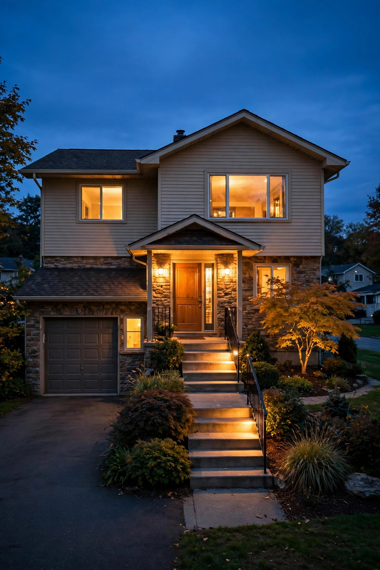 Split-level raised ranch home at dusk with warm entryway lighting glowing on the front steps, landing, and front door