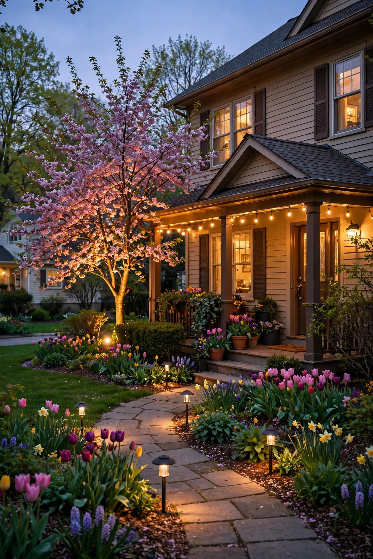 Cozy suburban home front yard at dusk in spring with warm pathway lights, uplight on a flowering tree, and string lights on the porch