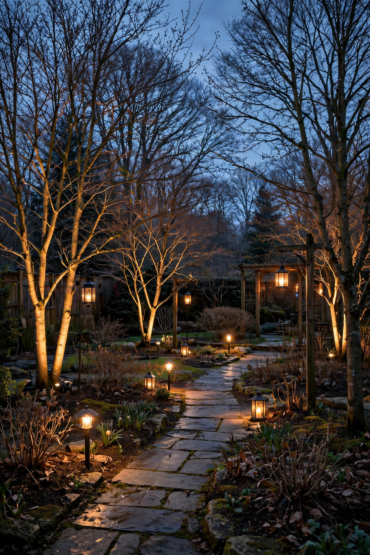 Early spring garden at dusk with warm path lights, lanterns, and uplighted bare trees before the blooms open