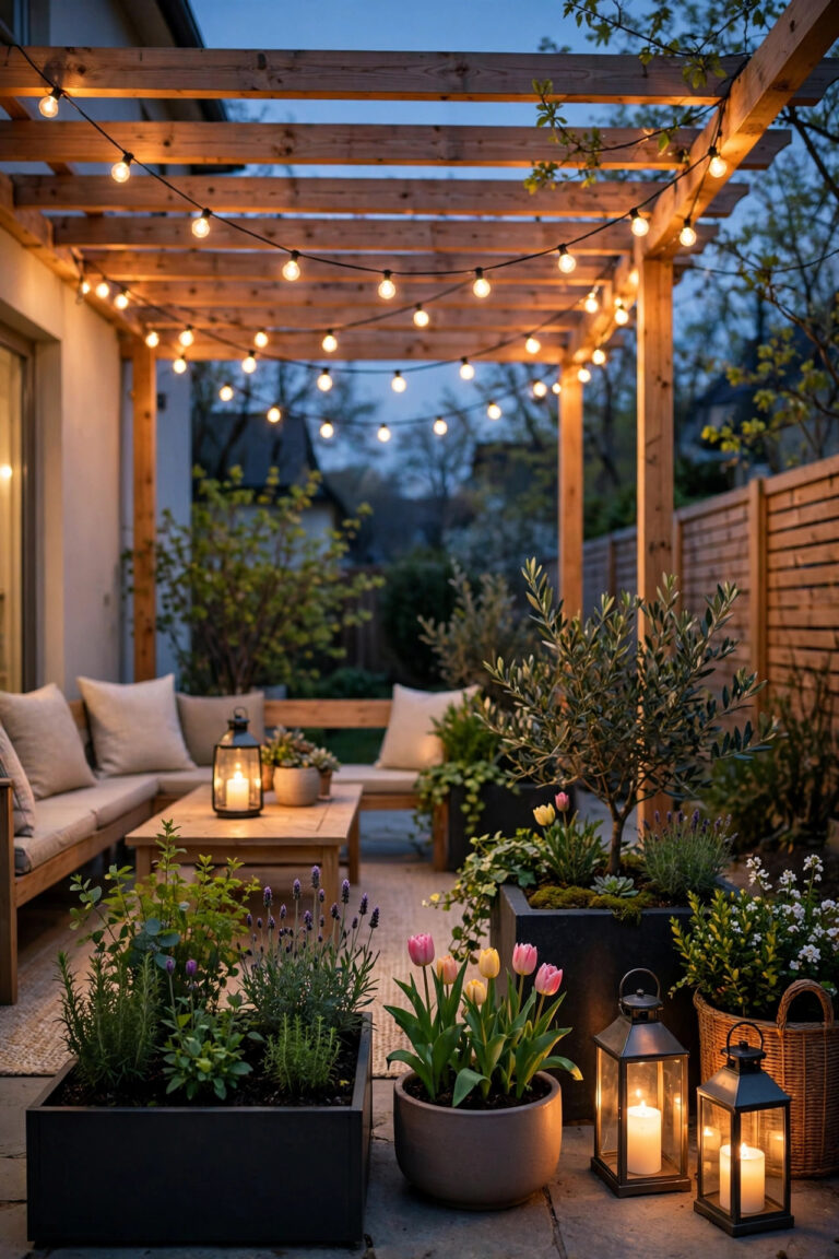Refreshed spring patio at dusk with warm string lights, clean glowing lanterns and fresh planters
